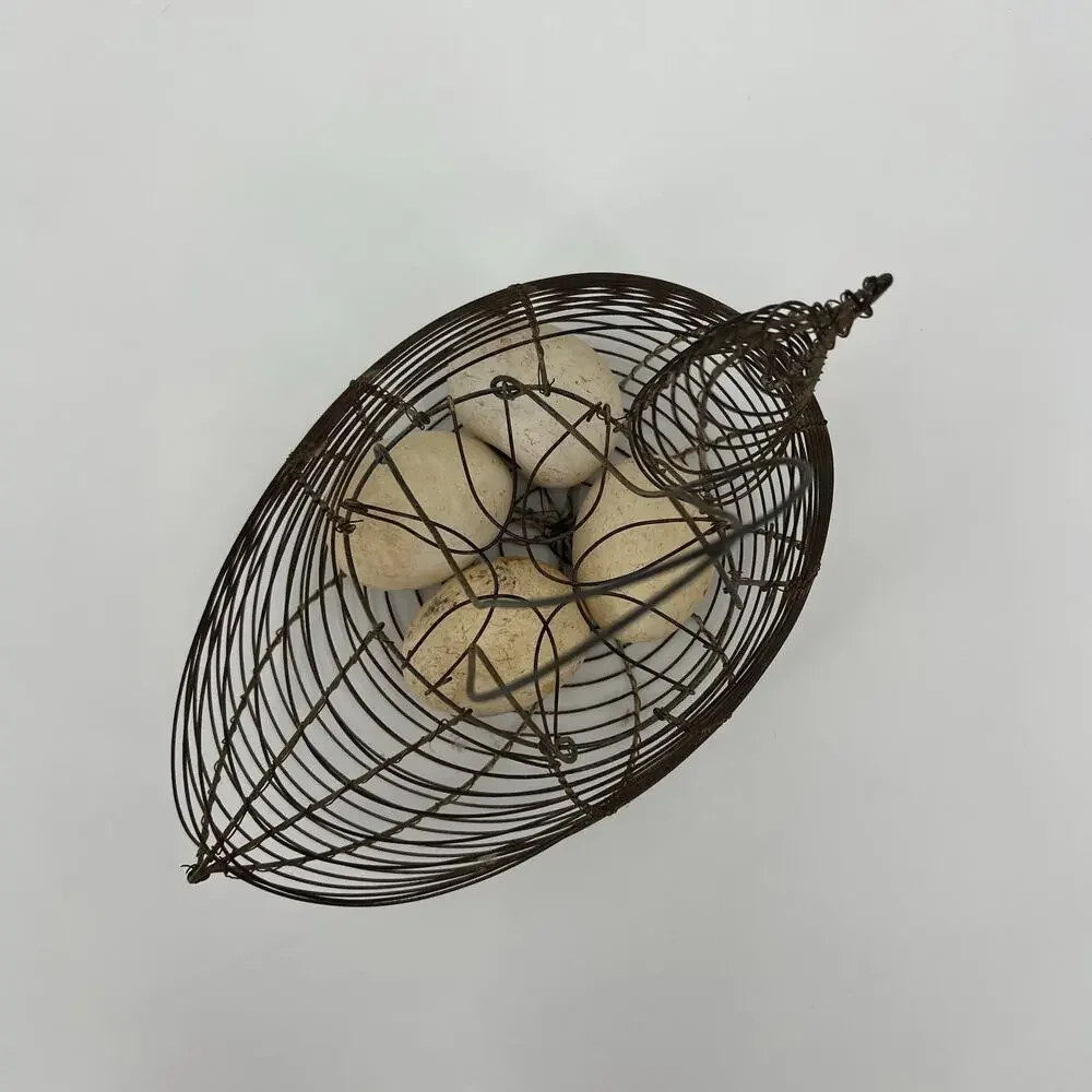 Vintage Wire Egg Basket with 4 Decorative Ceramic Eggs Chicken Shaped